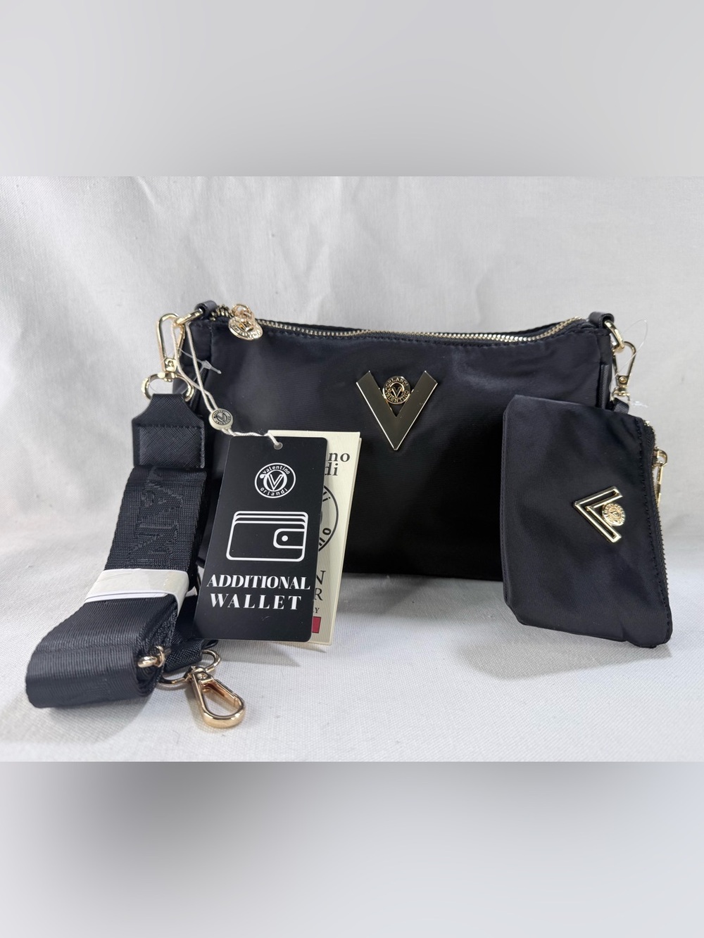 Women's Black, Nylon Crossbody Bag with Additional Wallet & Woven Logo Strap